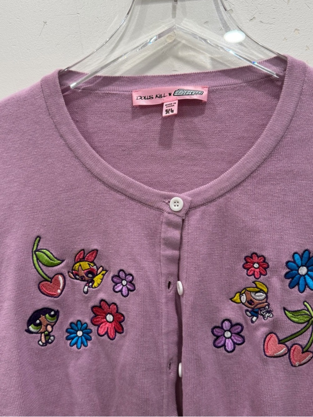 Dolls Kill x Powerpuff Girls Cherry Daisy Knitted Cardigan Purple XL - Picture 3 of 6